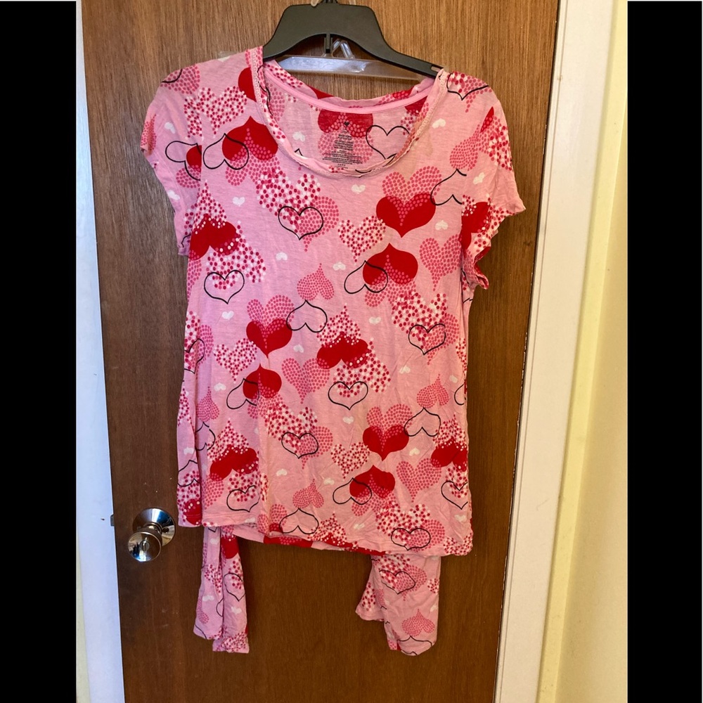 M Red/Pink Sleepwear brand heart silky pajamas, short sleeve, long bottoms